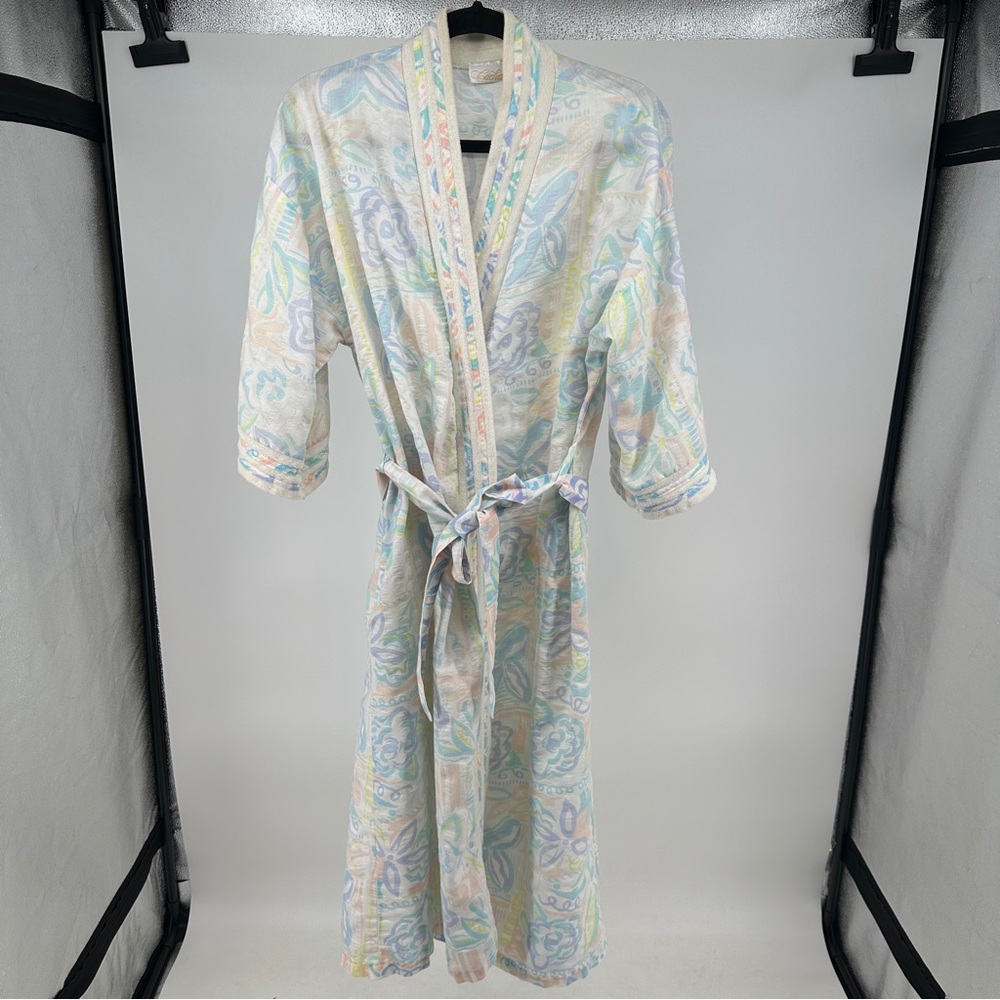 Women’s Vintage 80’s Cachet Pastel‎ Floral Robe Medium Terry Cloth Seersucker
